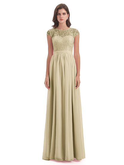 Yamileth A-line Floor Length Cap Sleeves Illusion Neckline Lace/Chiffon Long Bridesmaid Dresses
