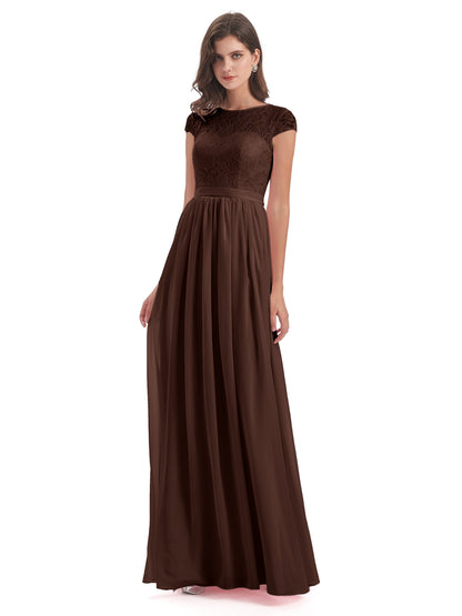 Yamileth A-line Floor Length Cap Sleeves Illusion Neckline Lace/Chiffon Long Bridesmaid Dresses