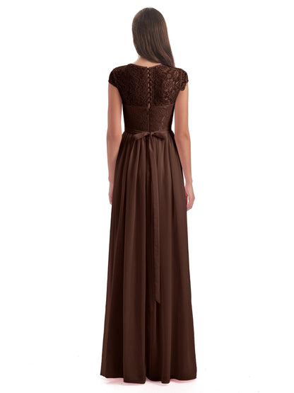 Yamileth A-line Floor Length Cap Sleeves Illusion Neckline Lace/Chiffon Long Bridesmaid Dresses