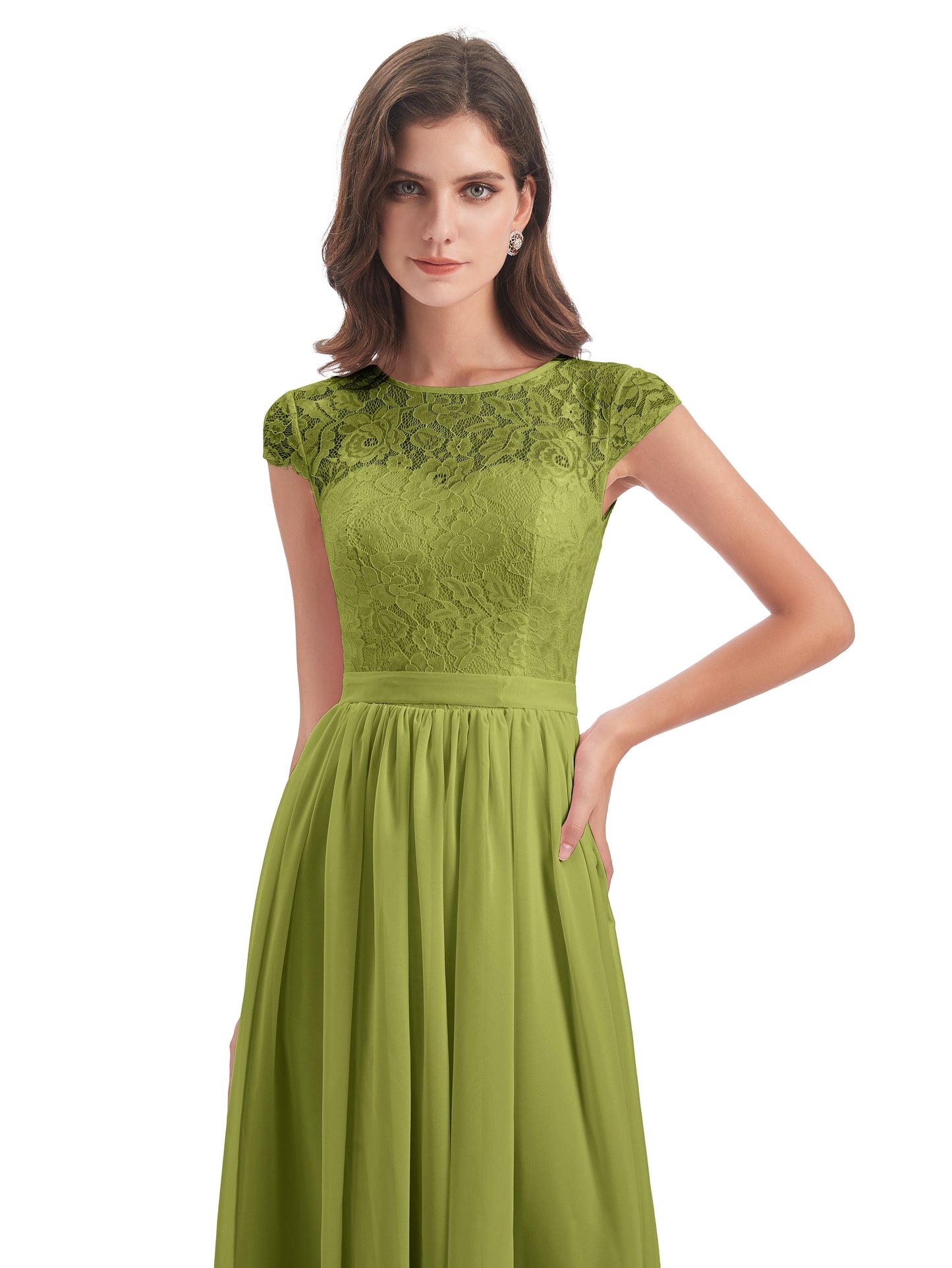 Yamileth A-line Floor Length Cap Sleeves Illusion Neckline Lace/Chiffon Long Bridesmaid Dresses
