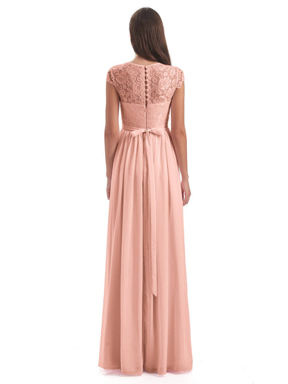 Yamileth A-line Floor Length Cap Sleeves Illusion Neckline Lace/Chiffon Long Bridesmaid Dresses
