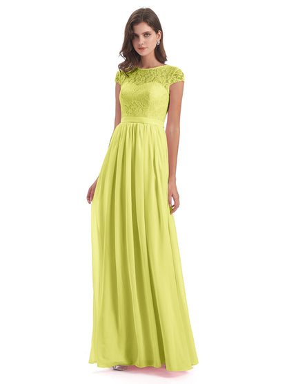 Yamileth A-line Floor Length Cap Sleeves Illusion Neckline Lace/Chiffon Long Bridesmaid Dresses