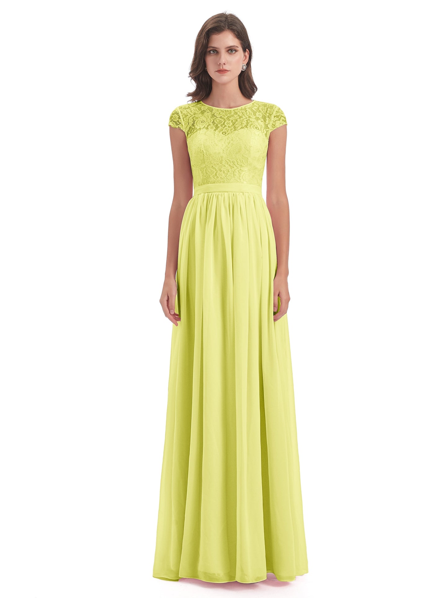 Yamileth A-line Floor Length Cap Sleeves Illusion Neckline Lace/Chiffon Long Bridesmaid Dresses