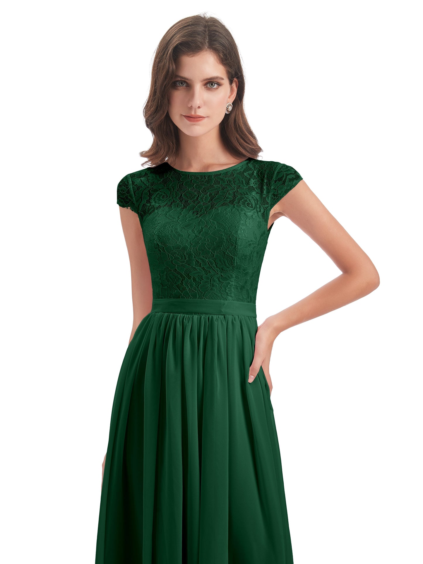 Yamileth A-line Floor Length Cap Sleeves Illusion Neckline Lace/Chiffon Long Bridesmaid Dresses