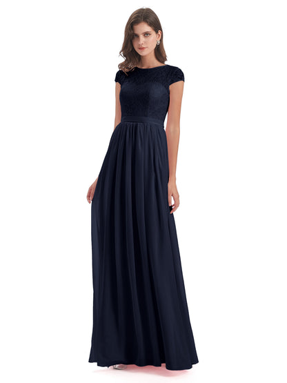 Yamileth A-line Floor Length Cap Sleeves Illusion Neckline Lace/Chiffon Long Bridesmaid Dresses