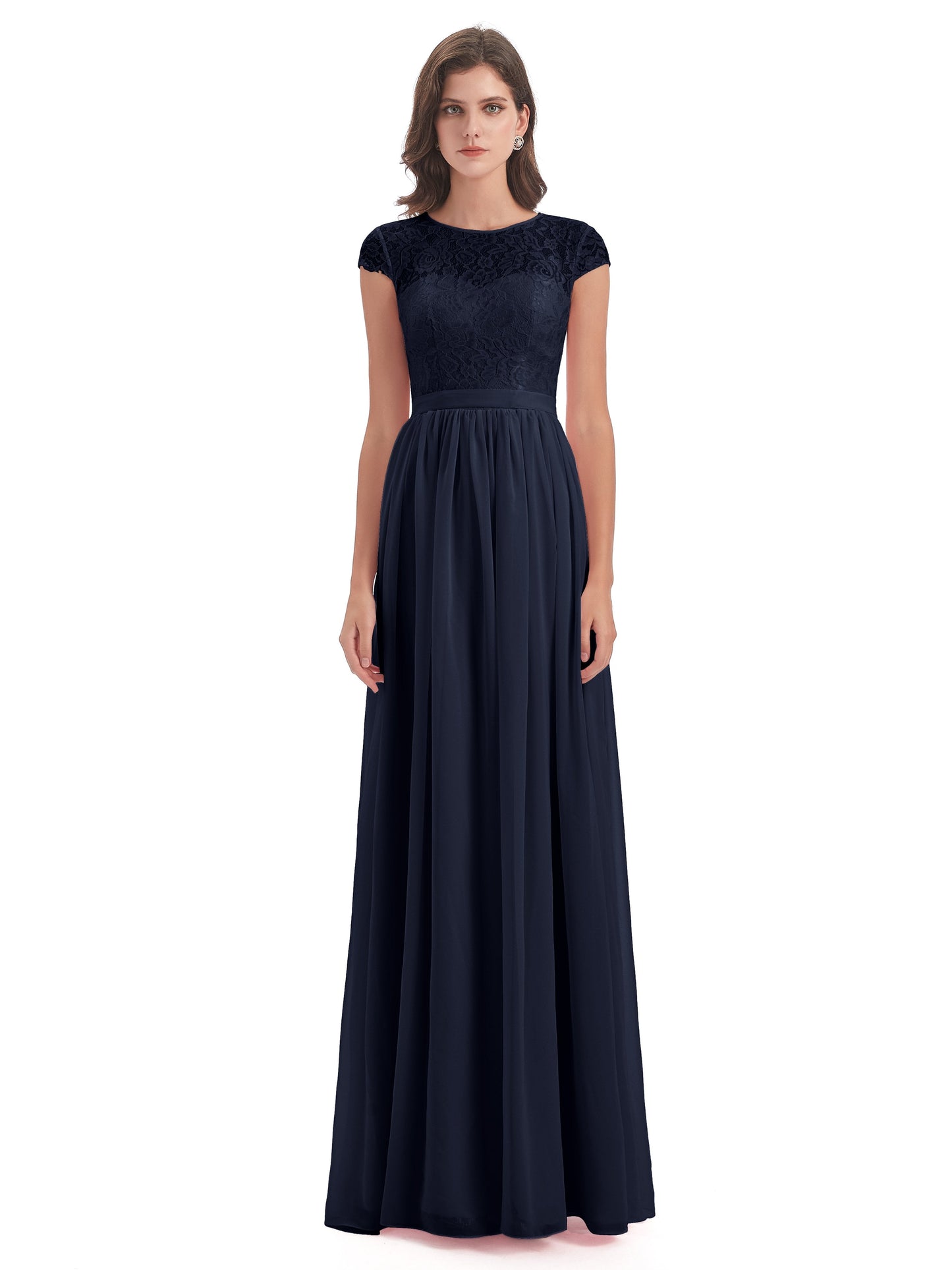 Yamileth A-line Floor Length Cap Sleeves Illusion Neckline Lace/Chiffon Long Bridesmaid Dresses