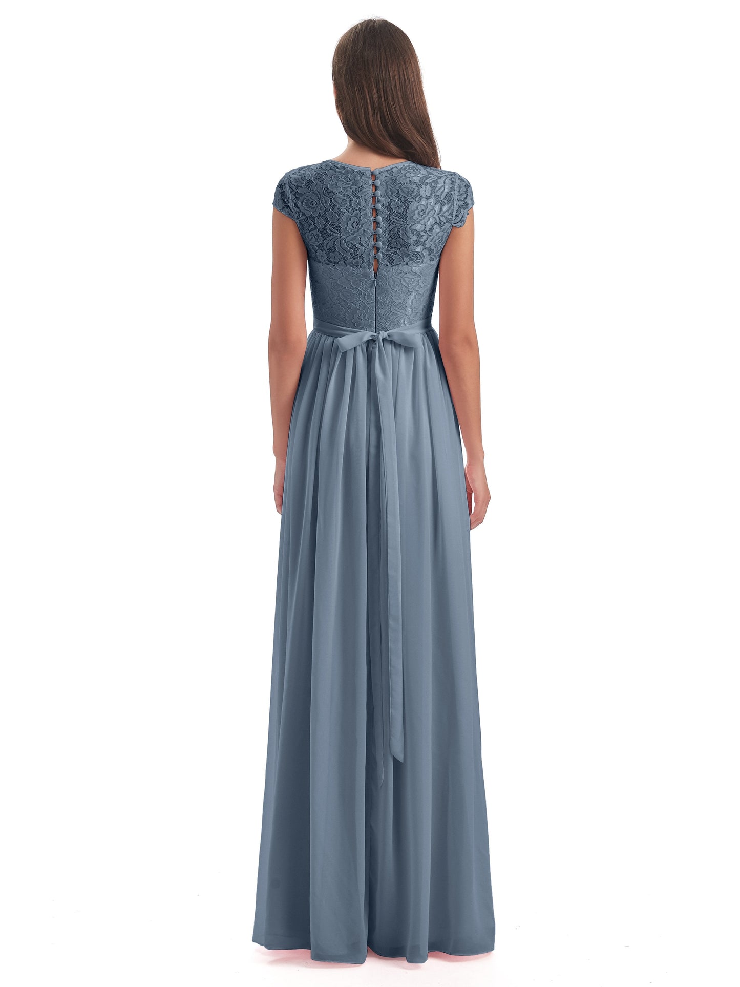 Yamileth A-line Floor Length Cap Sleeves Illusion Neckline Lace/Chiffon Long Bridesmaid Dresses