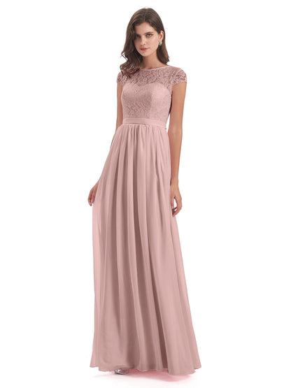 Yamileth A-line Floor Length Cap Sleeves Illusion Neckline Lace/Chiffon Long Bridesmaid Dresses