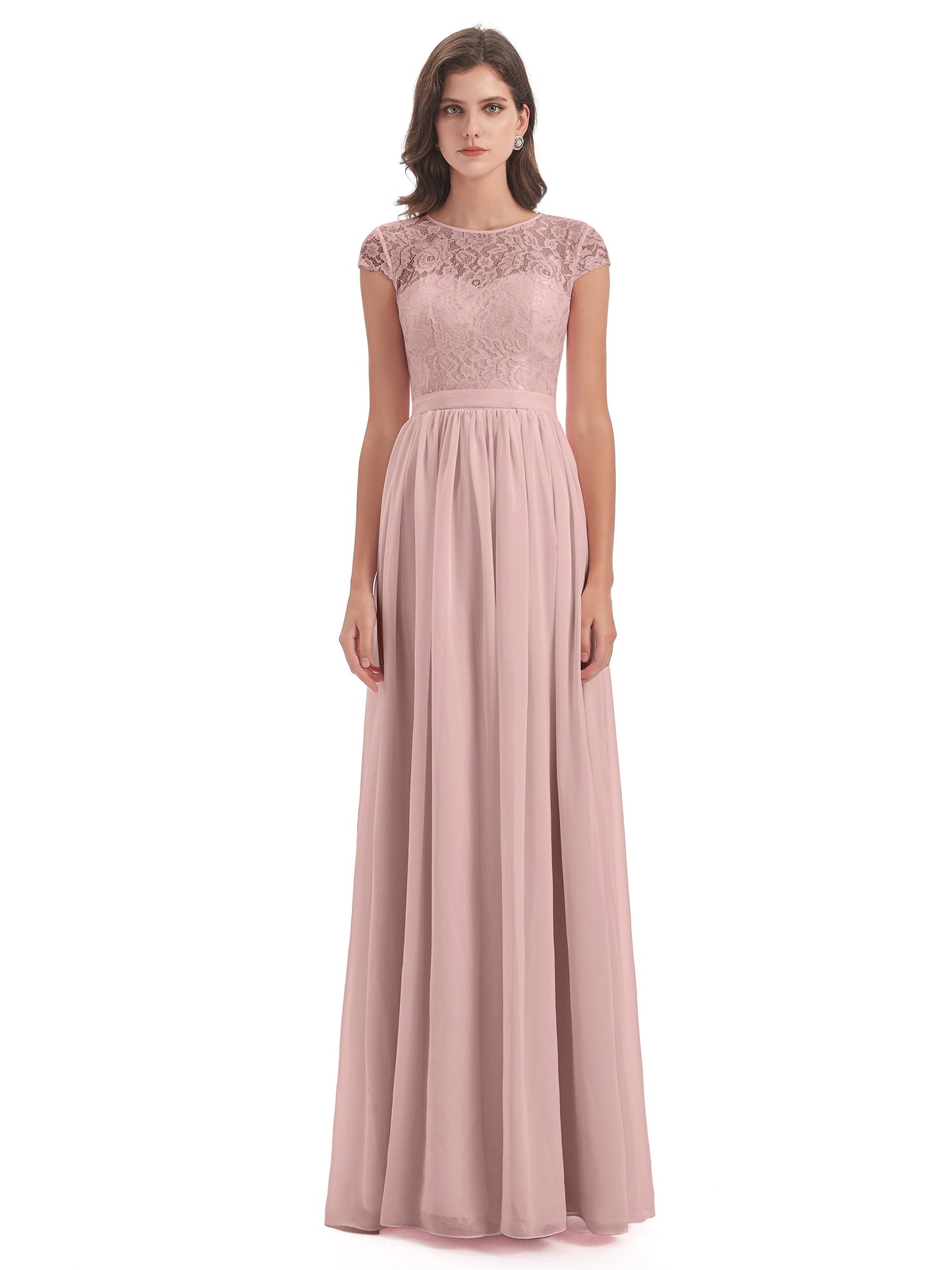 Yamileth A-line Floor Length Cap Sleeves Illusion Neckline Lace/Chiffon Long Bridesmaid Dresses