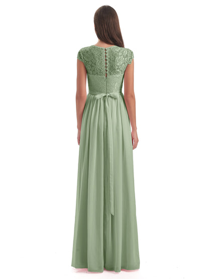 Yamileth A-line Floor Length Cap Sleeves Illusion Neckline Lace/Chiffon Long Bridesmaid Dresses