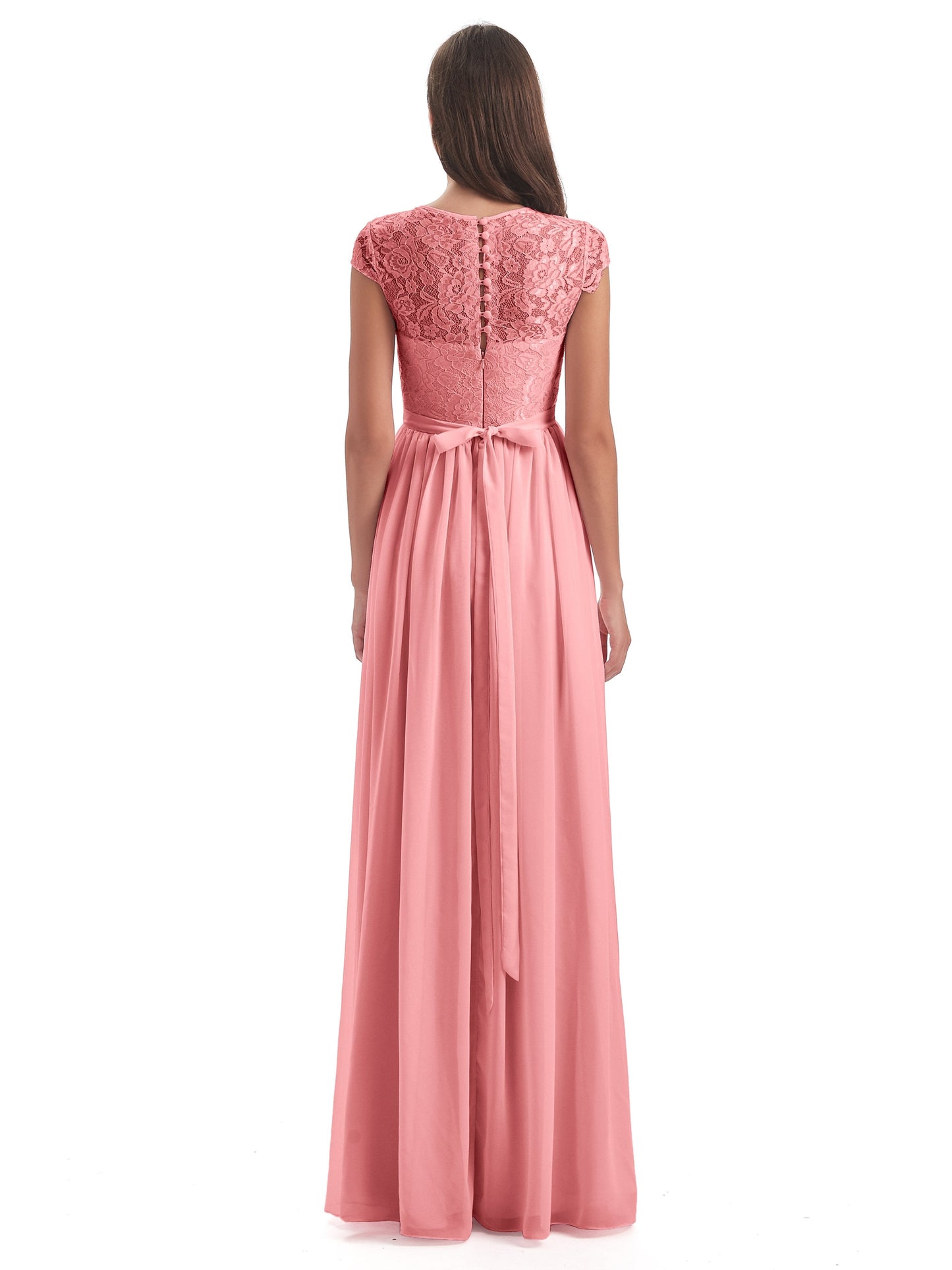 Yamileth A-line Floor Length Cap Sleeves Illusion Neckline Lace/Chiffon Long Bridesmaid Dresses