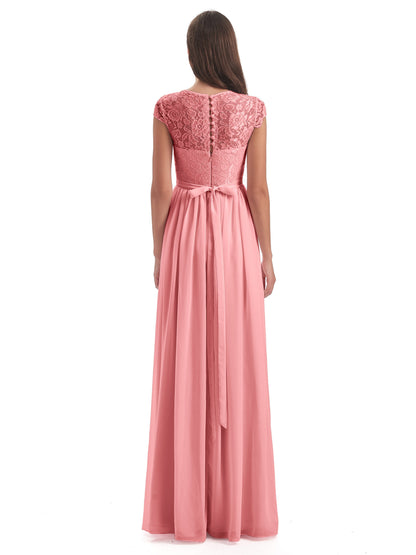 Yamileth A-line Floor Length Cap Sleeves Illusion Neckline Lace/Chiffon Long Bridesmaid Dresses