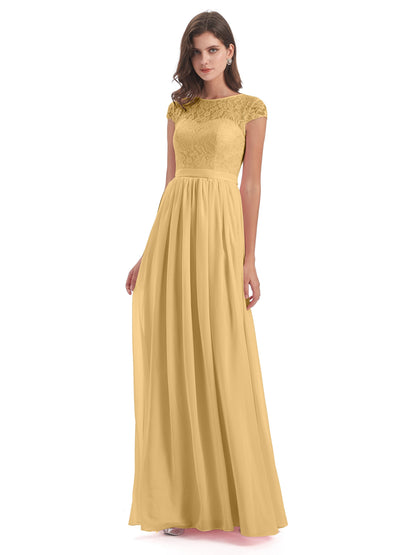 Yamileth A-line Floor Length Cap Sleeves Illusion Neckline Lace/Chiffon Long Bridesmaid Dresses