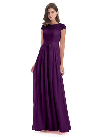 Yamileth A-line Floor Length Cap Sleeves Illusion Neckline Lace/Chiffon Long Bridesmaid Dresses