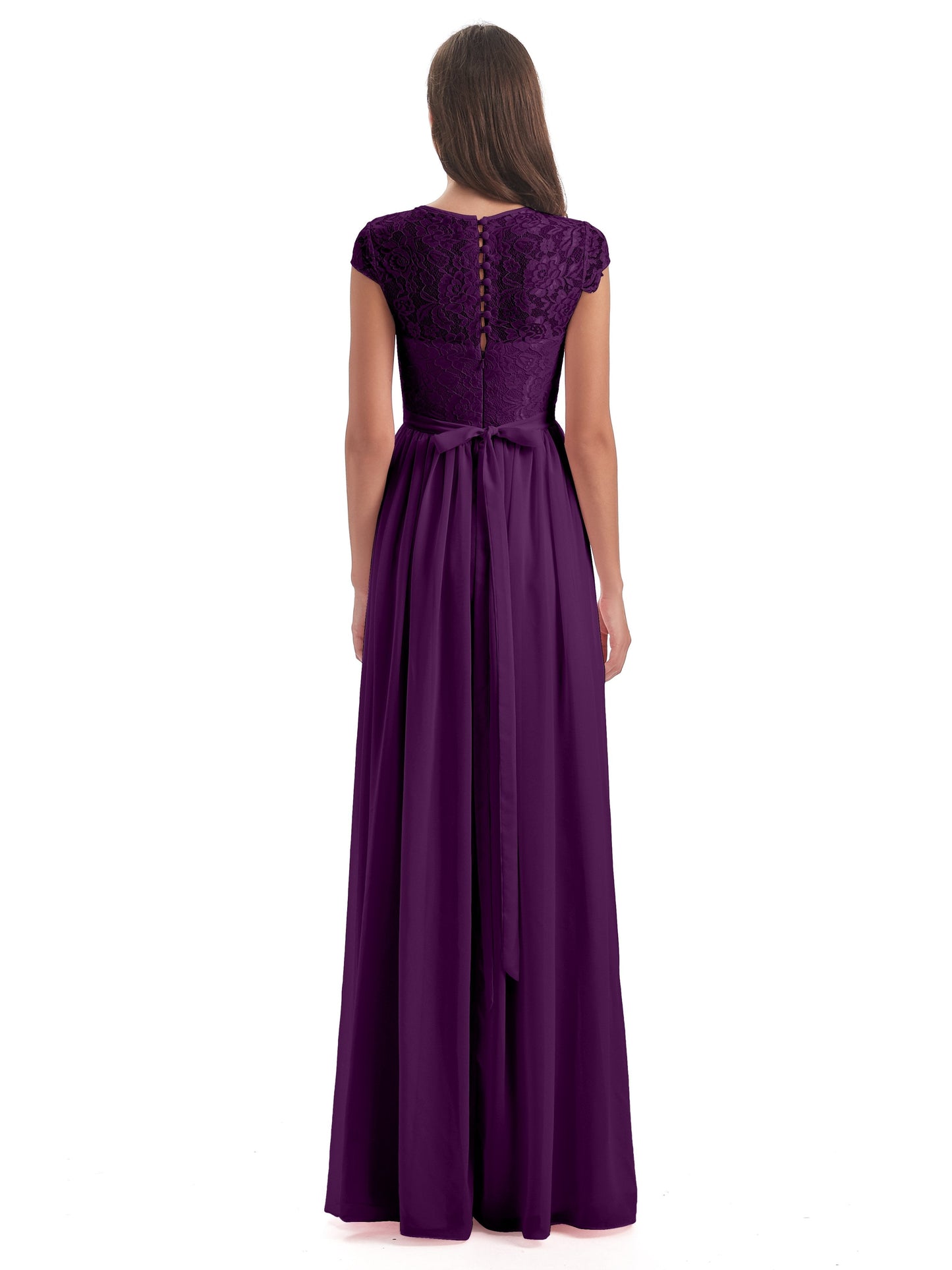 Yamileth A-line Floor Length Cap Sleeves Illusion Neckline Lace/Chiffon Long Bridesmaid Dresses
