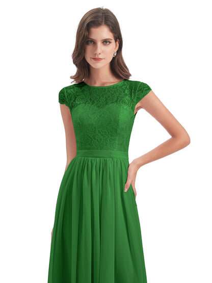 Yamileth A-line Floor Length Cap Sleeves Illusion Neckline Lace/Chiffon Long Bridesmaid Dresses