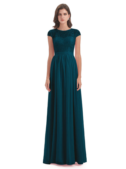 Yamileth A-line Floor Length Cap Sleeves Illusion Neckline Lace/Chiffon Long Bridesmaid Dresses
