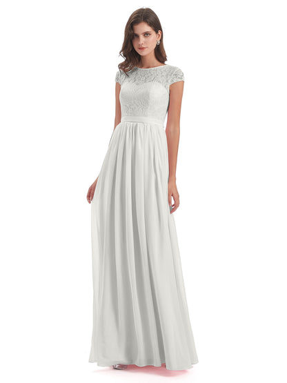 Yamileth A-line Floor Length Cap Sleeves Illusion Neckline Lace/Chiffon Long Bridesmaid Dresses