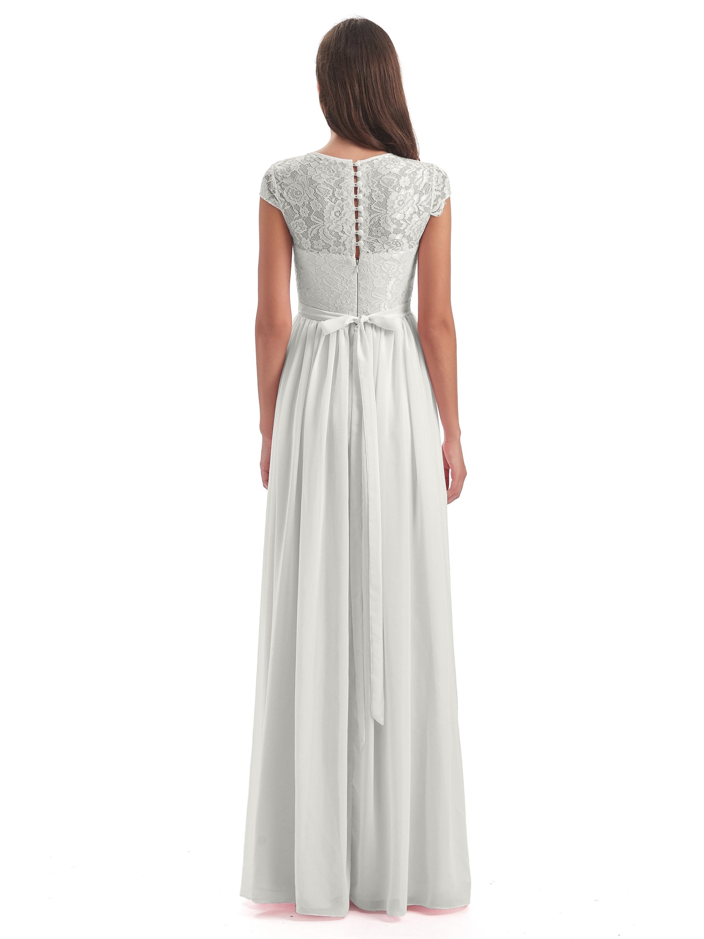 Yamileth A-line Floor Length Cap Sleeves Illusion Neckline Lace/Chiffon Long Bridesmaid Dresses