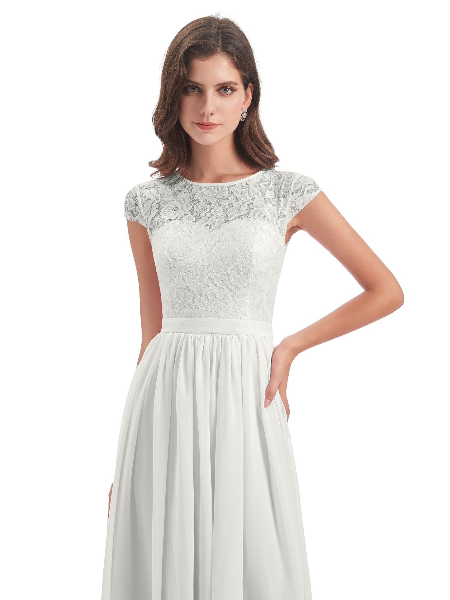 Yamileth A-line Floor Length Cap Sleeves Illusion Neckline Lace/Chiffon Long Bridesmaid Dresses