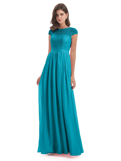 Yamileth A-line Floor Length Cap Sleeves Illusion Neckline Lace/Chiffon Long Bridesmaid Dresses