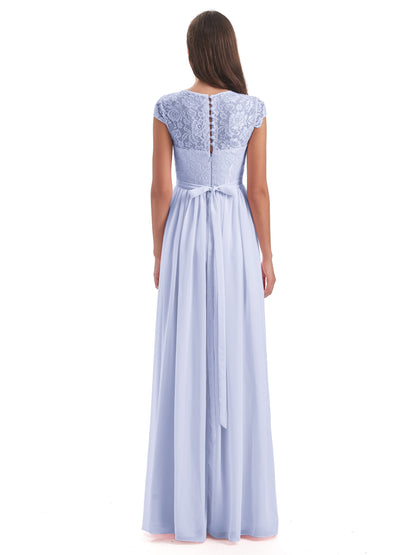 Yamileth A-line Floor Length Cap Sleeves Illusion Neckline Lace/Chiffon Long Bridesmaid Dresses