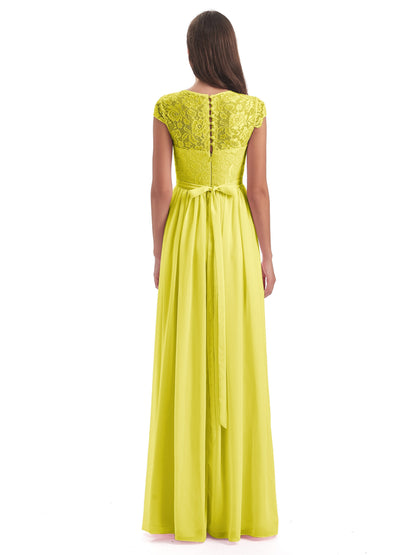 Yamileth A-line Floor Length Cap Sleeves Illusion Neckline Lace/Chiffon Long Bridesmaid Dresses
