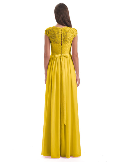 Yamileth A-line Floor Length Cap Sleeves Illusion Neckline Lace/Chiffon Long Bridesmaid Dresses