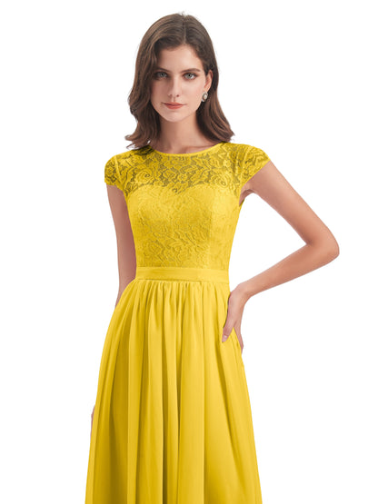 Yamileth A-line Floor Length Cap Sleeves Illusion Neckline Lace/Chiffon Long Bridesmaid Dresses