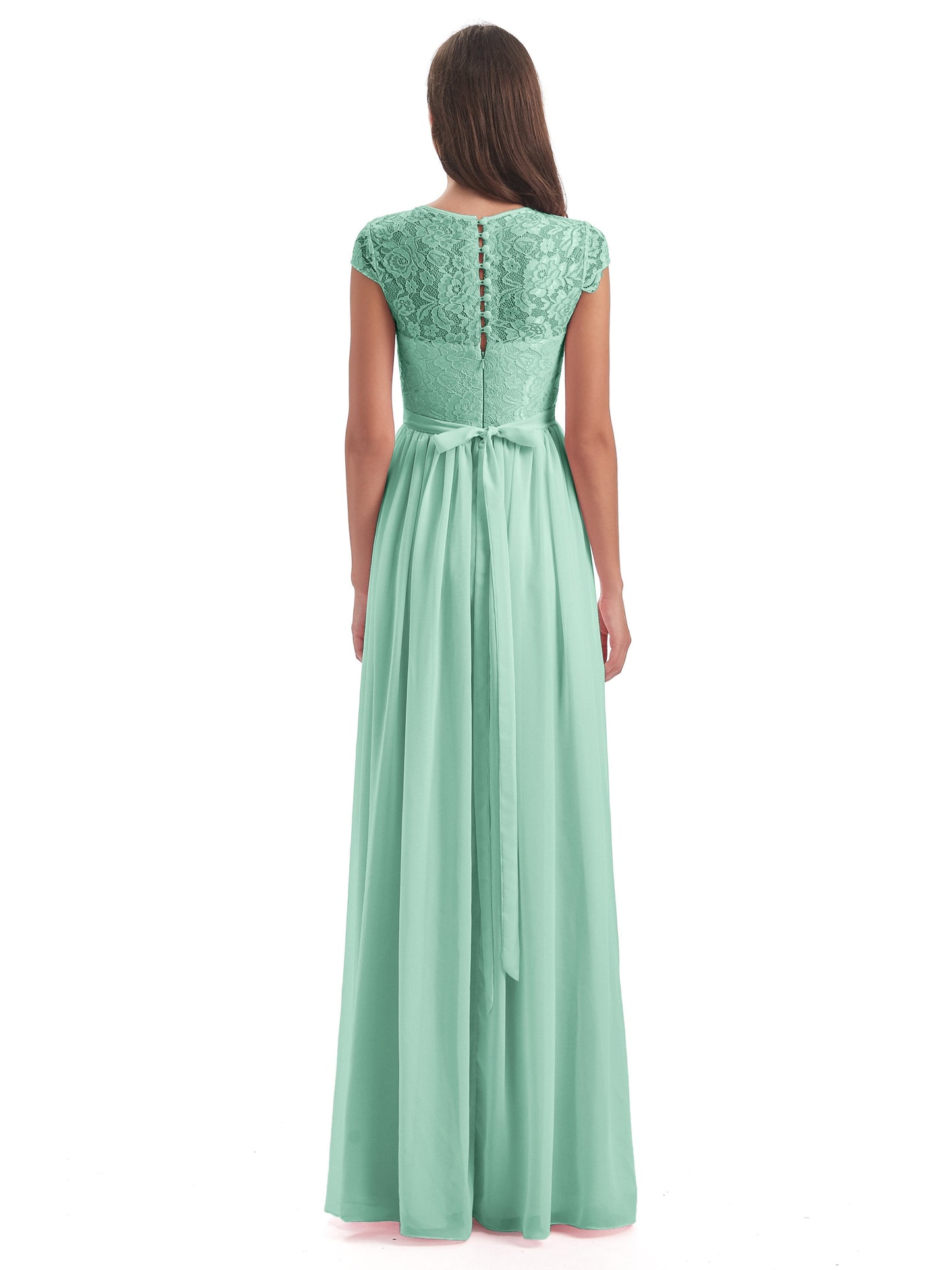 Yamileth A-line Floor Length Cap Sleeves Illusion Neckline Lace/Chiffon Long Bridesmaid Dresses