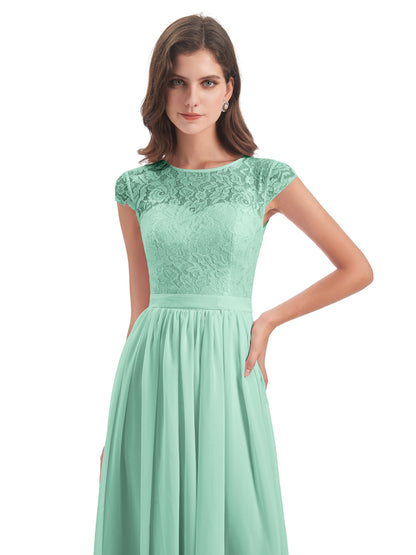 Yamileth A-line Floor Length Cap Sleeves Illusion Neckline Lace/Chiffon Long Bridesmaid Dresses