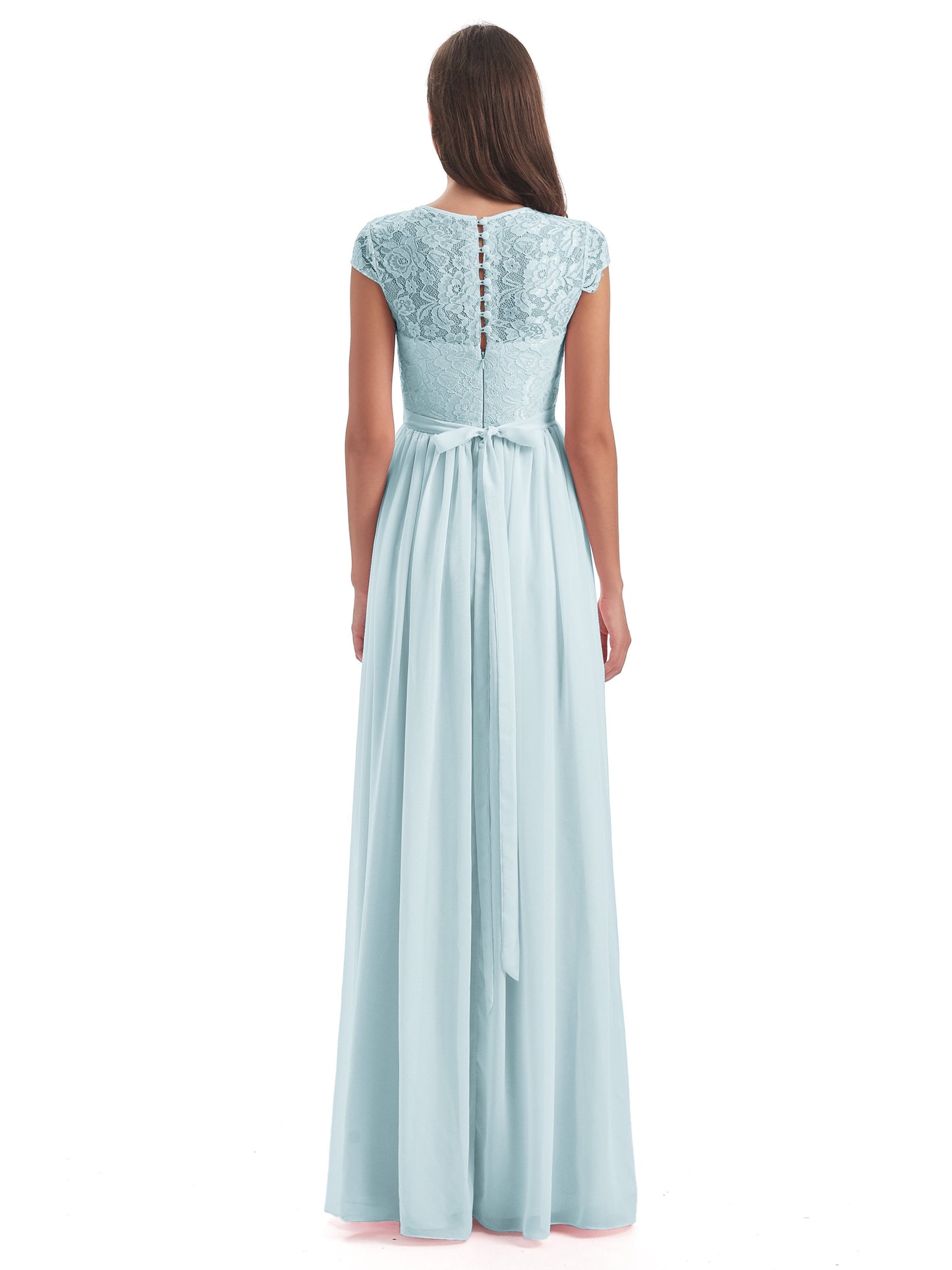 Yamileth A-line Floor Length Cap Sleeves Illusion Neckline Lace/Chiffon Long Bridesmaid Dresses