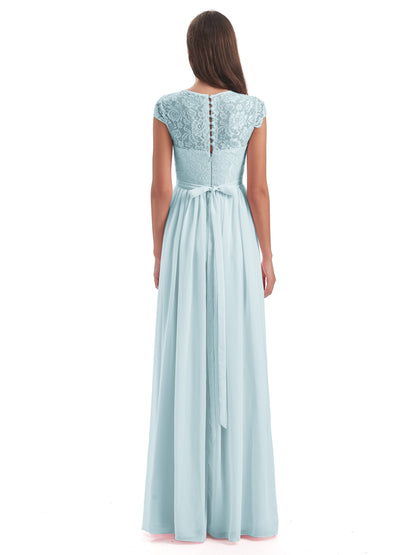 Yamileth A-line Floor Length Cap Sleeves Illusion Neckline Lace/Chiffon Long Bridesmaid Dresses