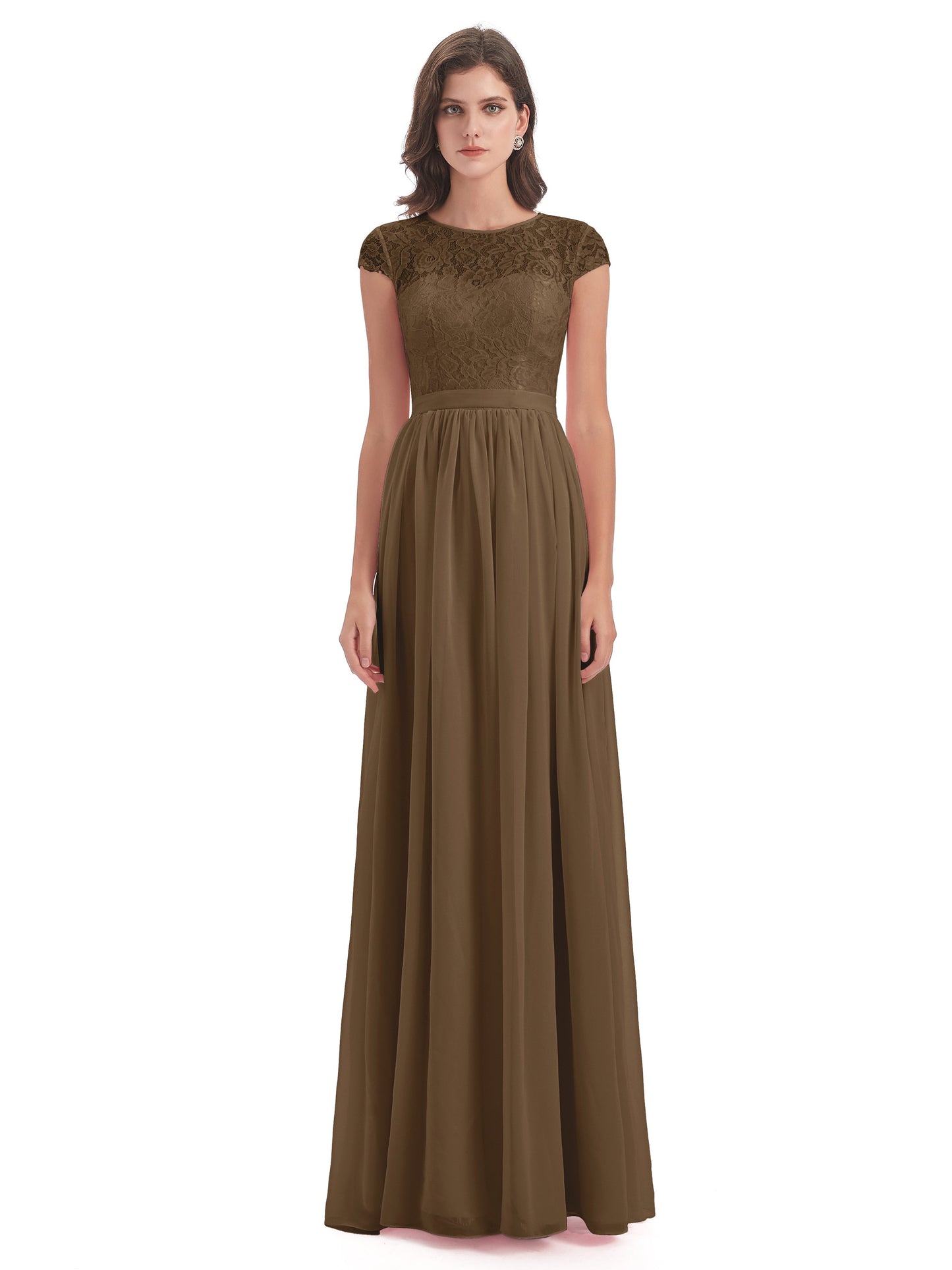 Yamileth A-line Floor Length Cap Sleeves Illusion Neckline Lace/Chiffon Long Bridesmaid Dresses