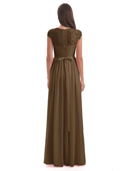 Yamileth A-line Floor Length Cap Sleeves Illusion Neckline Lace/Chiffon Long Bridesmaid Dresses