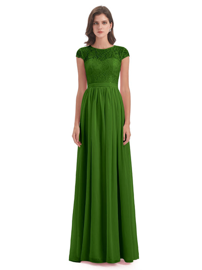 Yamileth A-line Floor Length Cap Sleeves Illusion Neckline Lace/Chiffon Long Bridesmaid Dresses
