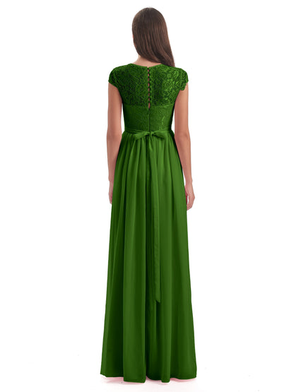 Yamileth A-line Floor Length Cap Sleeves Illusion Neckline Lace/Chiffon Long Bridesmaid Dresses