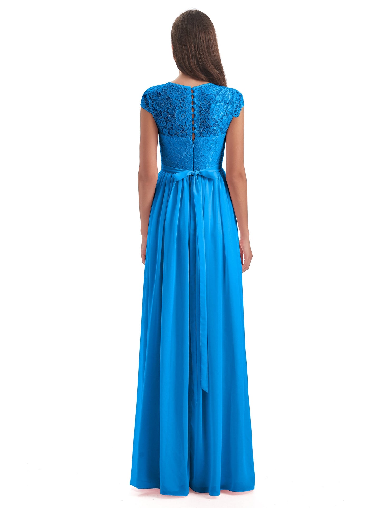 Yamileth A-line Floor Length Cap Sleeves Illusion Neckline Lace/Chiffon Long Bridesmaid Dresses