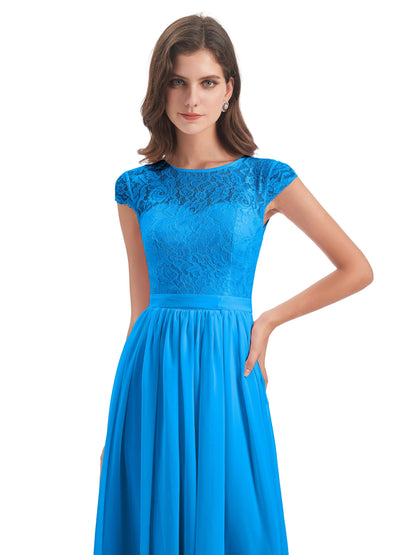 Yamileth A-line Floor Length Cap Sleeves Illusion Neckline Lace/Chiffon Long Bridesmaid Dresses