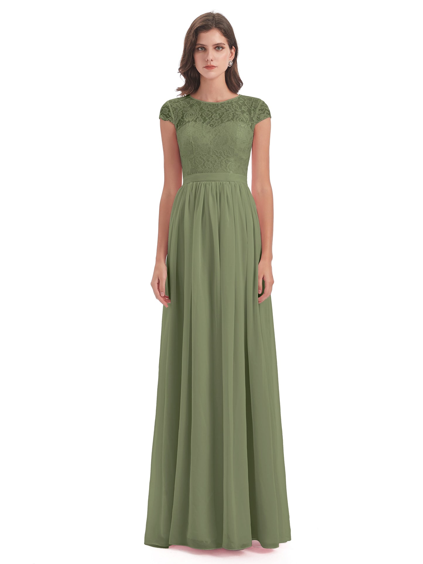 Yamileth A-line Floor Length Cap Sleeves Illusion Neckline Lace/Chiffon Long Bridesmaid Dresses