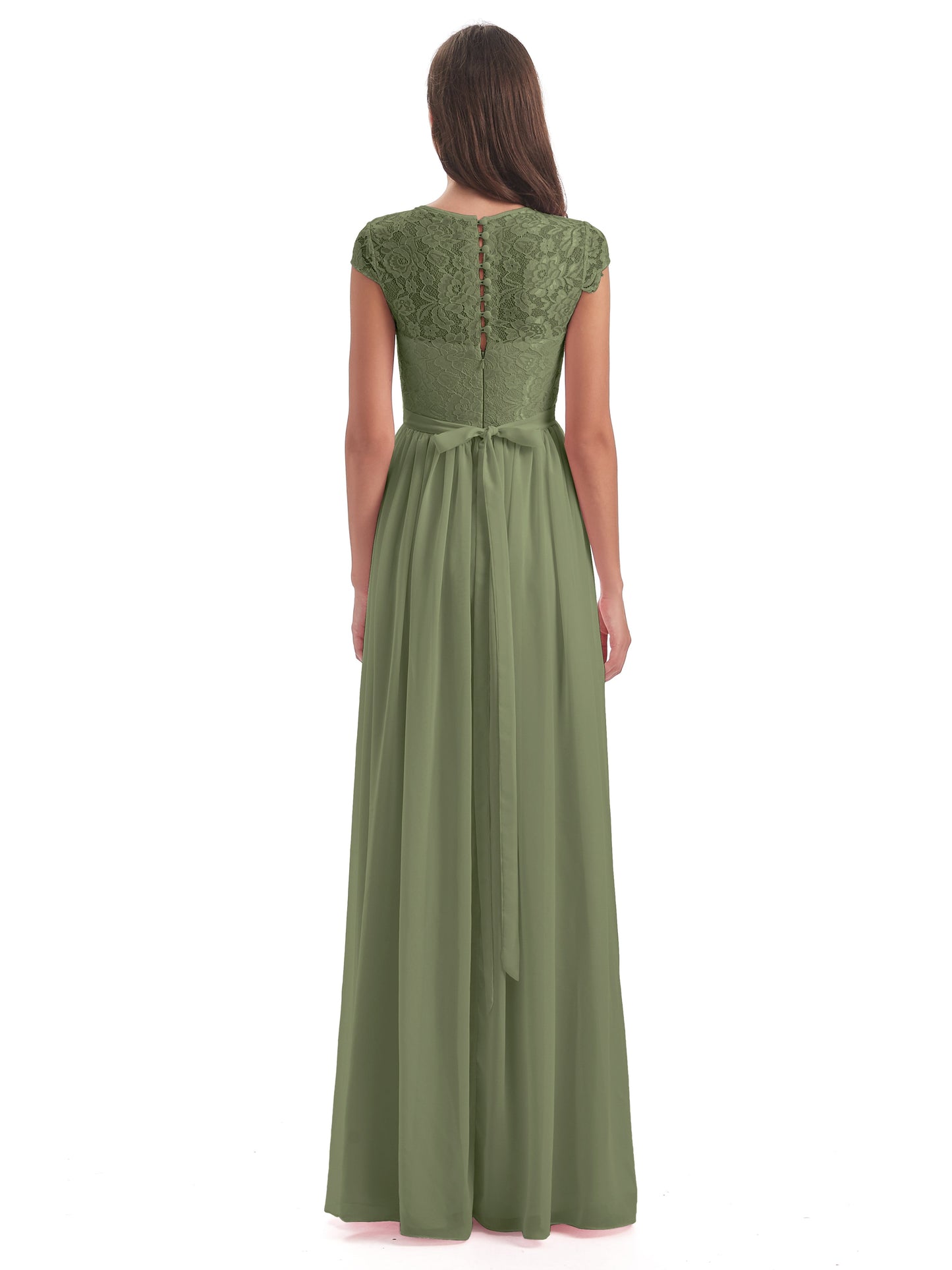 Yamileth A-line Floor Length Cap Sleeves Illusion Neckline Lace/Chiffon Long Bridesmaid Dresses