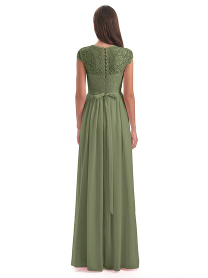 Yamileth A-line Floor Length Cap Sleeves Illusion Neckline Lace/Chiffon Long Bridesmaid Dresses