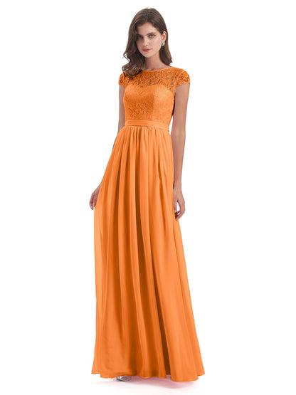 Yamileth A-line Floor Length Cap Sleeves Illusion Neckline Lace/Chiffon Long Bridesmaid Dresses