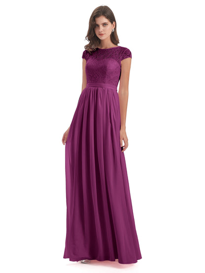 Yamileth A-line Floor Length Cap Sleeves Illusion Neckline Lace/Chiffon Long Bridesmaid Dresses