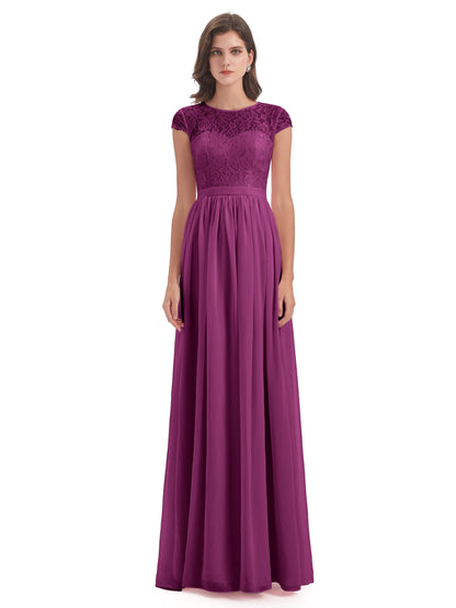 Yamileth A-line Floor Length Cap Sleeves Illusion Neckline Lace/Chiffon Long Bridesmaid Dresses