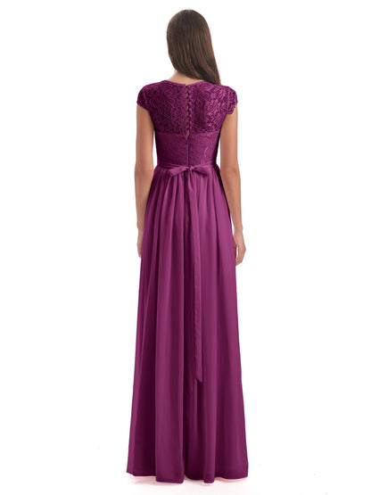 Yamileth A-line Floor Length Cap Sleeves Illusion Neckline Lace/Chiffon Long Bridesmaid Dresses
