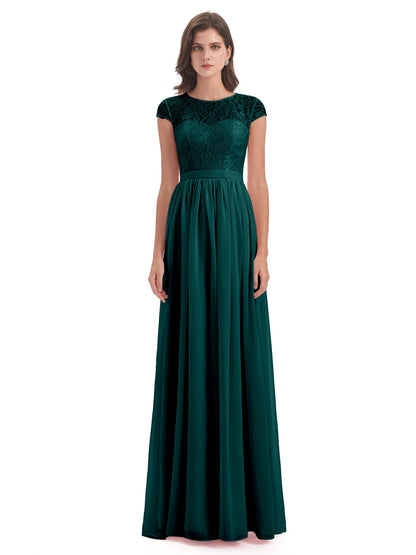 Yamileth A-line Floor Length Cap Sleeves Illusion Neckline Lace/Chiffon Long Bridesmaid Dresses