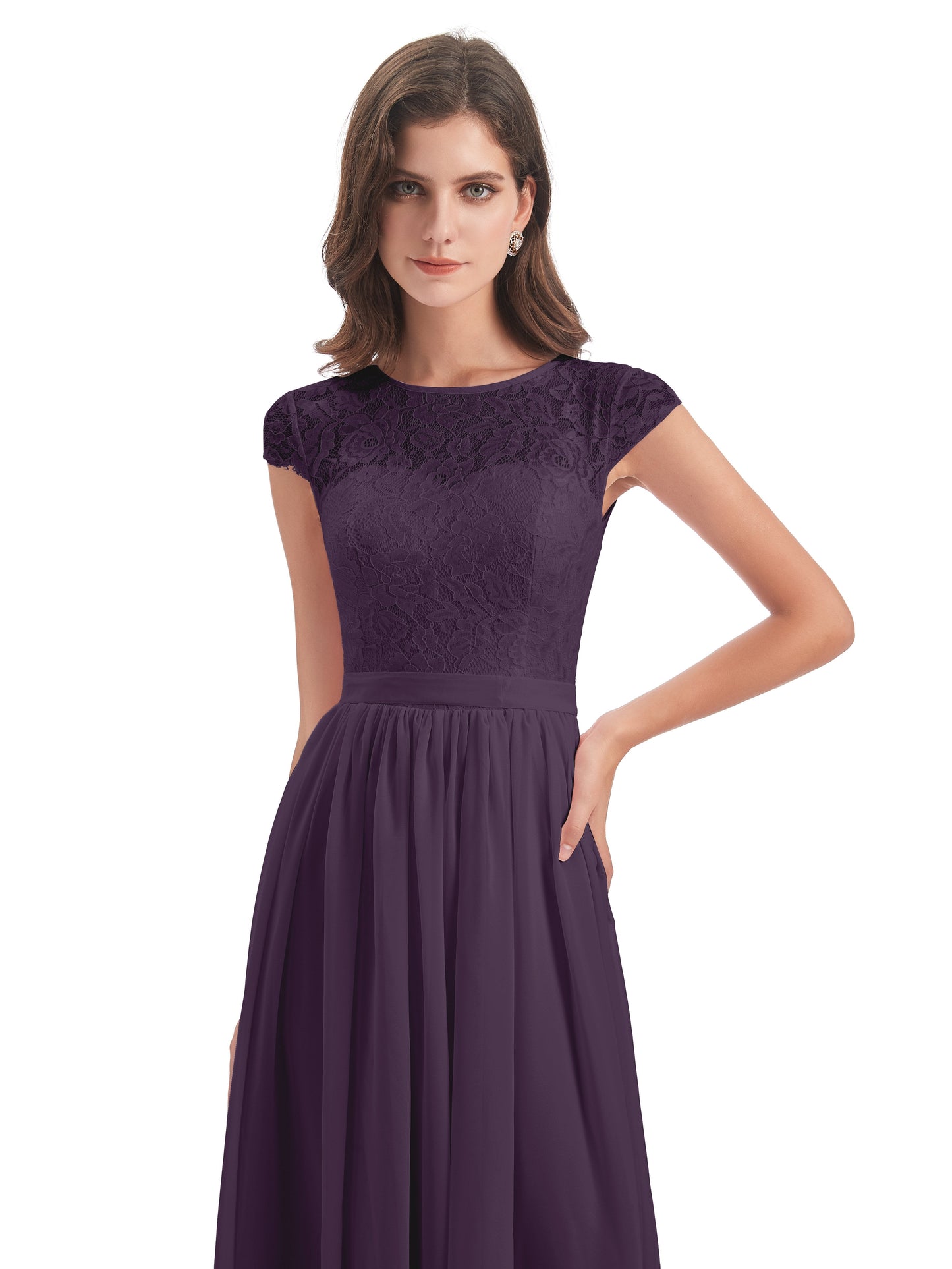 Yamileth A-line Floor Length Cap Sleeves Illusion Neckline Lace/Chiffon Long Bridesmaid Dresses