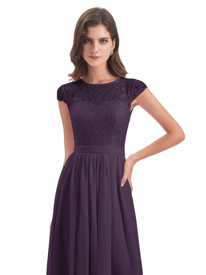 Yamileth A-line Floor Length Cap Sleeves Illusion Neckline Lace/Chiffon Long Bridesmaid Dresses