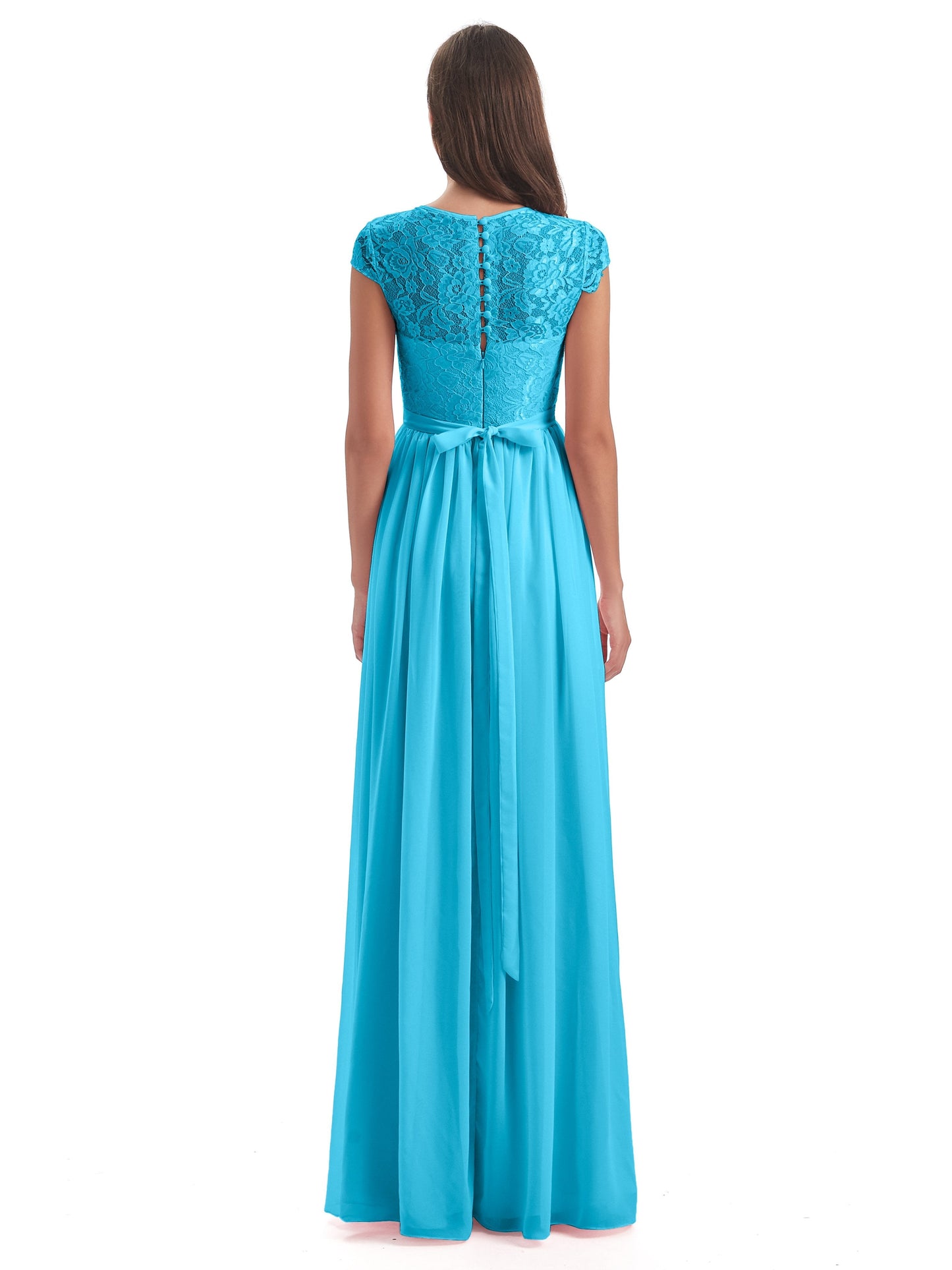 Yamileth A-line Floor Length Cap Sleeves Illusion Neckline Lace/Chiffon Long Bridesmaid Dresses